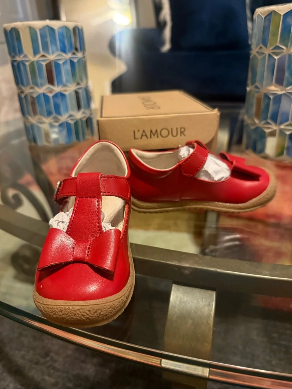 L'Amour Red T-Strap Bow Kids Dress Shoes